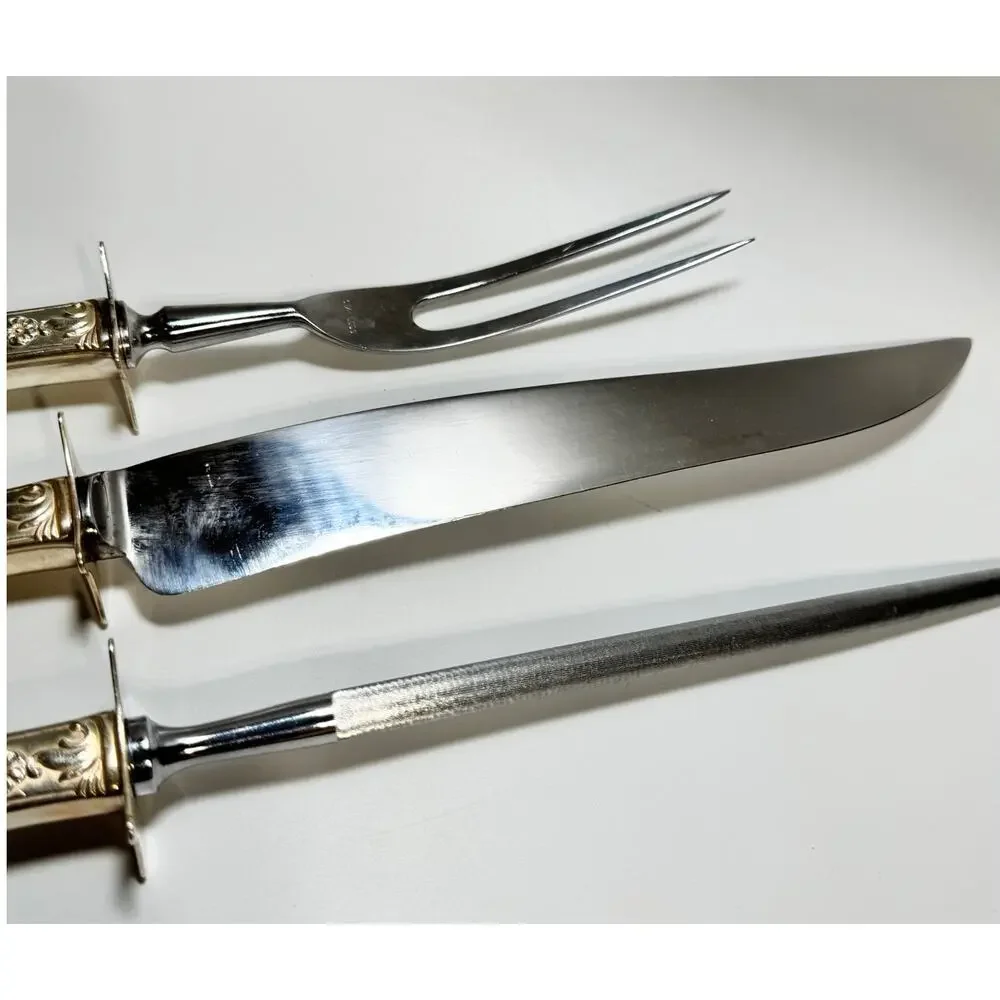 National Prince Edward 3 Pc Carving Set Silver Plate Knife‎ Fork Steel